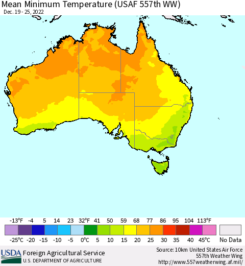 Australia Mean Minimum Temperature (USAF 557th WW) Thematic Map For 12/19/2022 - 12/25/2022