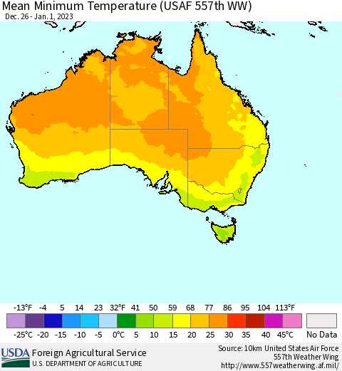 Australia Mean Minimum Temperature (USAF 557th WW) Thematic Map For 12/26/2022 - 1/1/2023