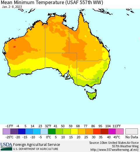 Australia Mean Minimum Temperature (USAF 557th WW) Thematic Map For 1/2/2023 - 1/8/2023