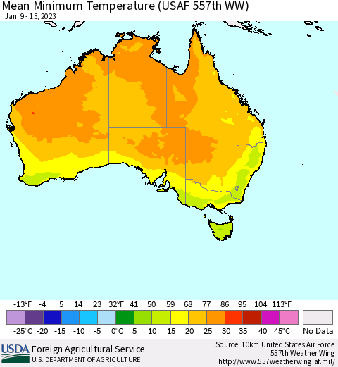 Australia Mean Minimum Temperature (USAF 557th WW) Thematic Map For 1/9/2023 - 1/15/2023