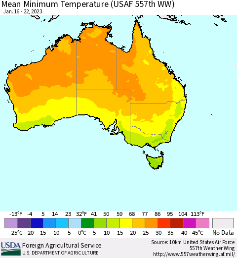 Australia Mean Minimum Temperature (USAF 557th WW) Thematic Map For 1/16/2023 - 1/22/2023
