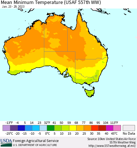 Australia Mean Minimum Temperature (USAF 557th WW) Thematic Map For 1/23/2023 - 1/29/2023