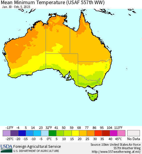 Australia Mean Minimum Temperature (USAF 557th WW) Thematic Map For 1/30/2023 - 2/5/2023