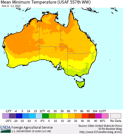 Australia Mean Minimum Temperature (USAF 557th WW) Thematic Map For 2/6/2023 - 2/12/2023