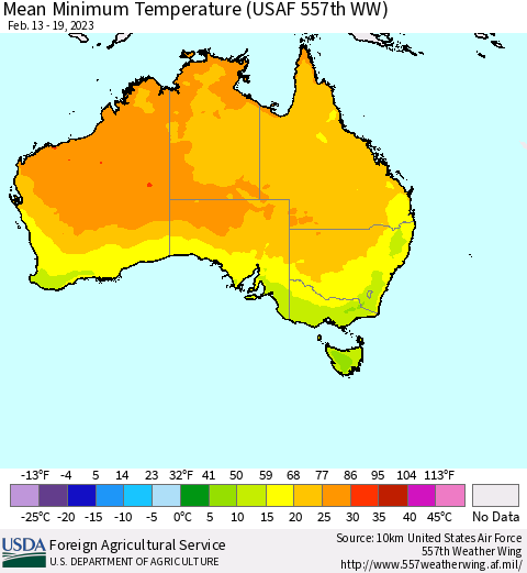 Australia Mean Minimum Temperature (USAF 557th WW) Thematic Map For 2/13/2023 - 2/19/2023