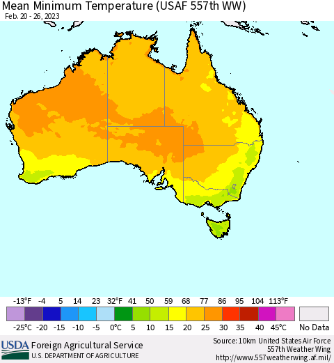 Australia Mean Minimum Temperature (USAF 557th WW) Thematic Map For 2/20/2023 - 2/26/2023