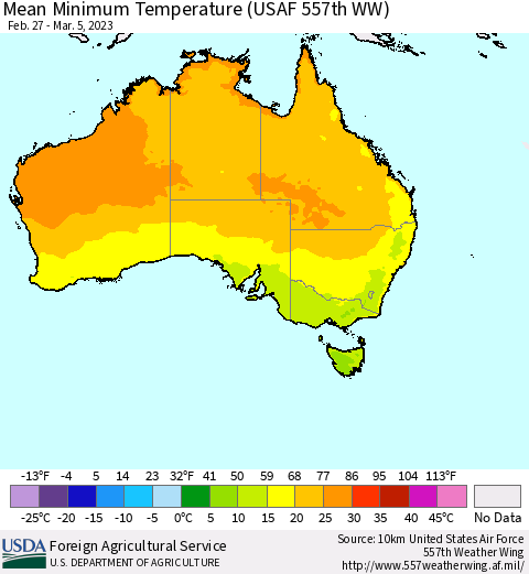 Australia Mean Minimum Temperature (USAF 557th WW) Thematic Map For 2/27/2023 - 3/5/2023