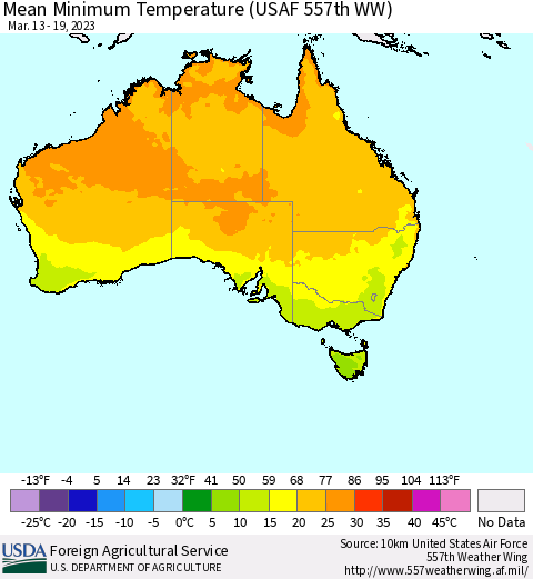 Australia Mean Minimum Temperature (USAF 557th WW) Thematic Map For 3/13/2023 - 3/19/2023