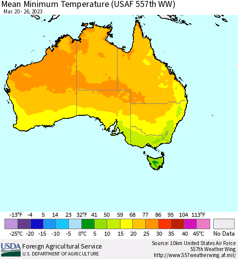 Australia Mean Minimum Temperature (USAF 557th WW) Thematic Map For 3/20/2023 - 3/26/2023