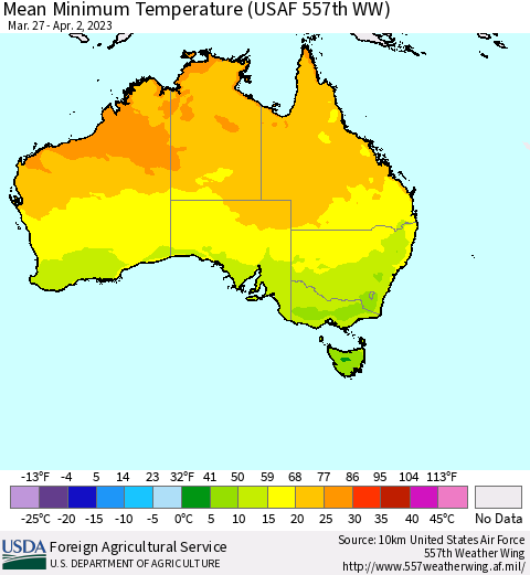 Australia Mean Minimum Temperature (USAF 557th WW) Thematic Map For 3/27/2023 - 4/2/2023