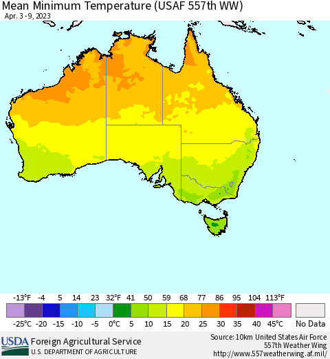 Australia Mean Minimum Temperature (USAF 557th WW) Thematic Map For 4/3/2023 - 4/9/2023