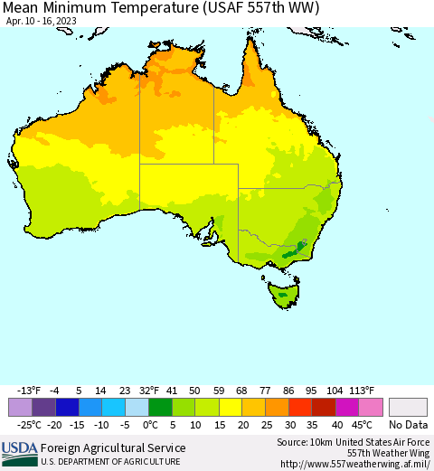Australia Mean Minimum Temperature (USAF 557th WW) Thematic Map For 4/10/2023 - 4/16/2023