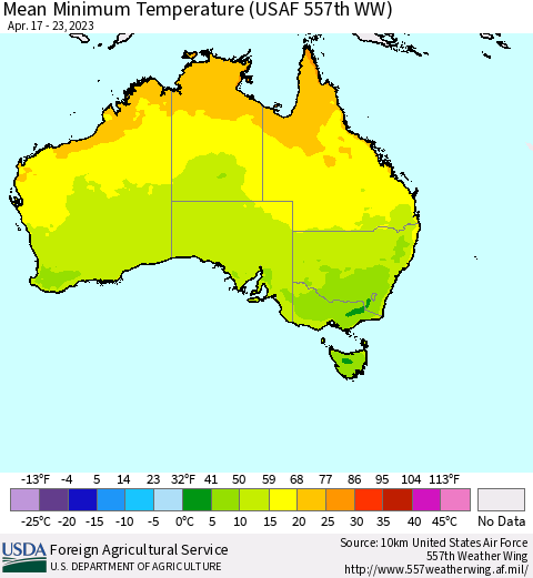 Australia Mean Minimum Temperature (USAF 557th WW) Thematic Map For 4/17/2023 - 4/23/2023