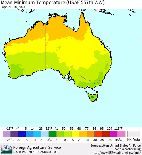 Australia Mean Minimum Temperature (USAF 557th WW) Thematic Map For 4/24/2023 - 4/30/2023