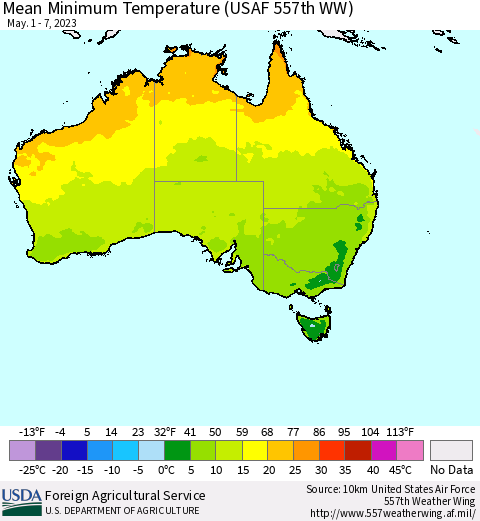 Australia Mean Minimum Temperature (USAF 557th WW) Thematic Map For 5/1/2023 - 5/7/2023