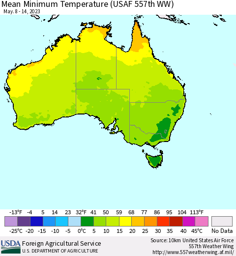 Australia Mean Minimum Temperature (USAF 557th WW) Thematic Map For 5/8/2023 - 5/14/2023