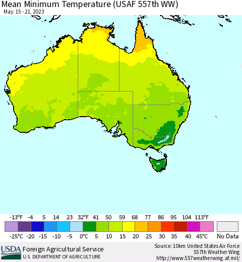 Australia Mean Minimum Temperature (USAF 557th WW) Thematic Map For 5/15/2023 - 5/21/2023