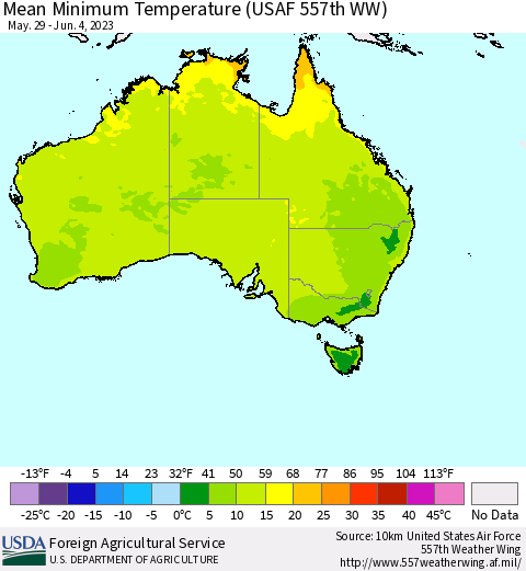 Australia Mean Minimum Temperature (USAF 557th WW) Thematic Map For 5/29/2023 - 6/4/2023