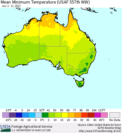 Australia Mean Minimum Temperature (USAF 557th WW) Thematic Map For 6/5/2023 - 6/11/2023