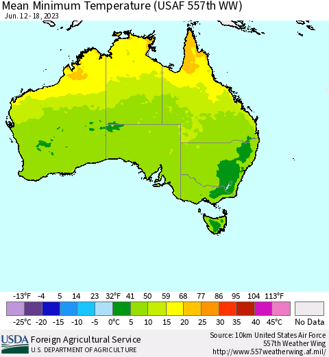 Australia Mean Minimum Temperature (USAF 557th WW) Thematic Map For 6/12/2023 - 6/18/2023