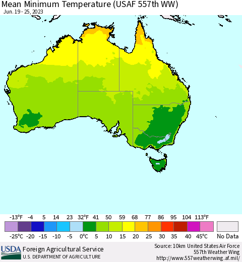 Australia Mean Minimum Temperature (USAF 557th WW) Thematic Map For 6/19/2023 - 6/25/2023