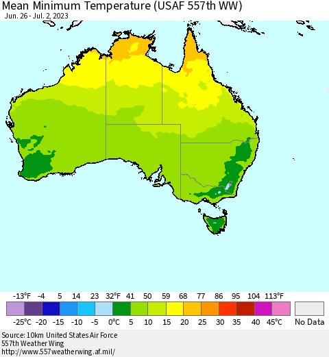 Australia Mean Minimum Temperature (USAF 557th WW) Thematic Map For 6/26/2023 - 7/2/2023