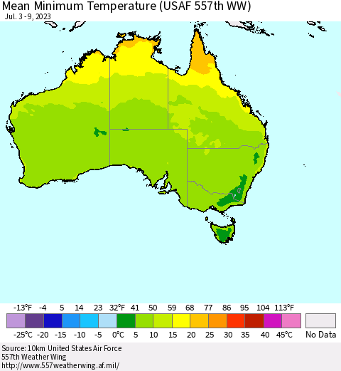 Australia Mean Minimum Temperature (USAF 557th WW) Thematic Map For 7/3/2023 - 7/9/2023