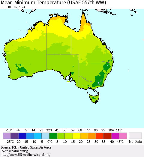 Australia Mean Minimum Temperature (USAF 557th WW) Thematic Map For 7/10/2023 - 7/16/2023