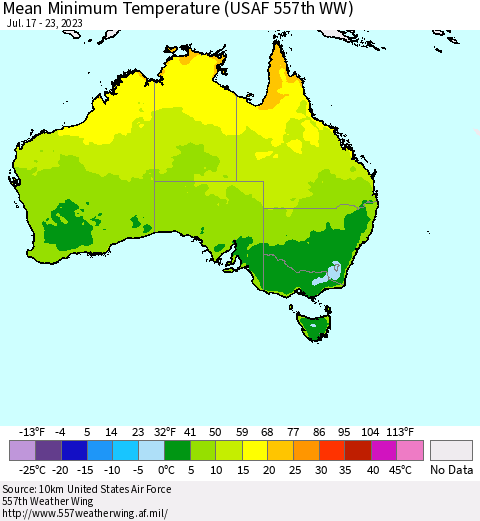 Australia Mean Minimum Temperature (USAF 557th WW) Thematic Map For 7/17/2023 - 7/23/2023