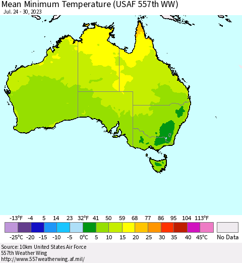 Australia Mean Minimum Temperature (USAF 557th WW) Thematic Map For 7/24/2023 - 7/30/2023