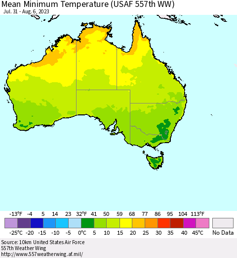 Australia Mean Minimum Temperature (USAF 557th WW) Thematic Map For 7/31/2023 - 8/6/2023