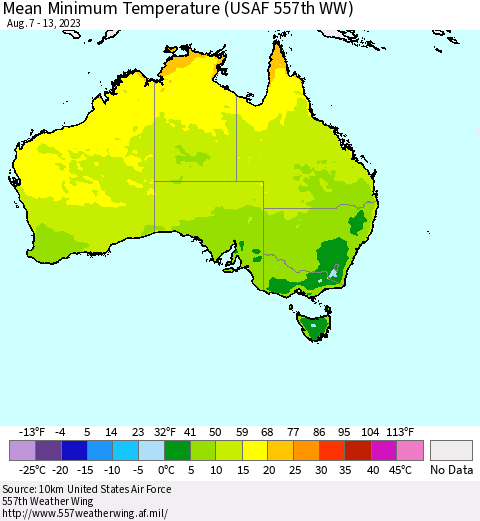 Australia Mean Minimum Temperature (USAF 557th WW) Thematic Map For 8/7/2023 - 8/13/2023