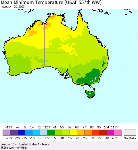 Australia Mean Minimum Temperature (USAF 557th WW) Thematic Map For 8/14/2023 - 8/20/2023