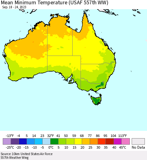 Australia Mean Minimum Temperature (USAF 557th WW) Thematic Map For 9/18/2023 - 9/24/2023