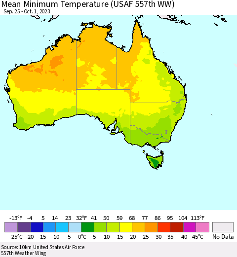 Australia Mean Minimum Temperature (USAF 557th WW) Thematic Map For 9/25/2023 - 10/1/2023
