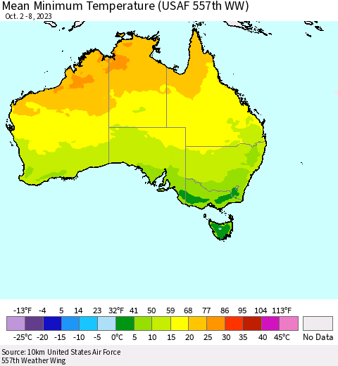 Australia Mean Minimum Temperature (USAF 557th WW) Thematic Map For 10/2/2023 - 10/8/2023