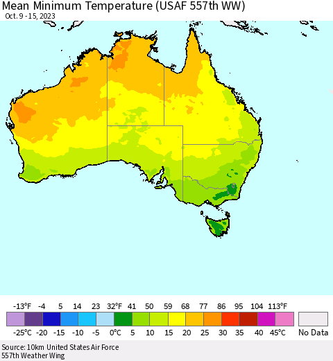 Australia Mean Minimum Temperature (USAF 557th WW) Thematic Map For 10/9/2023 - 10/15/2023