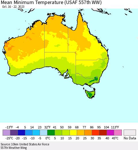 Australia Mean Minimum Temperature (USAF 557th WW) Thematic Map For 10/16/2023 - 10/22/2023