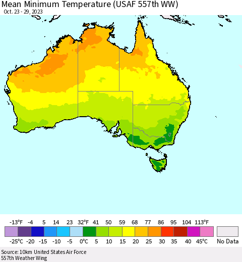 Australia Mean Minimum Temperature (USAF 557th WW) Thematic Map For 10/23/2023 - 10/29/2023