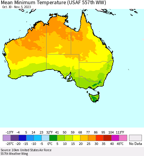 Australia Mean Minimum Temperature (USAF 557th WW) Thematic Map For 10/30/2023 - 11/5/2023