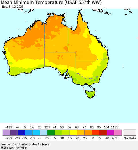 Australia Mean Minimum Temperature (USAF 557th WW) Thematic Map For 11/6/2023 - 11/12/2023