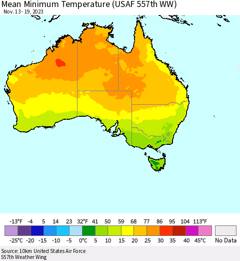 Australia Mean Minimum Temperature (USAF 557th WW) Thematic Map For 11/13/2023 - 11/19/2023
