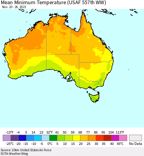 Australia Mean Minimum Temperature (USAF 557th WW) Thematic Map For 11/20/2023 - 11/26/2023