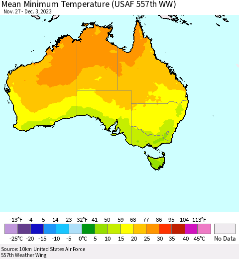 Australia Mean Minimum Temperature (USAF 557th WW) Thematic Map For 11/27/2023 - 12/3/2023