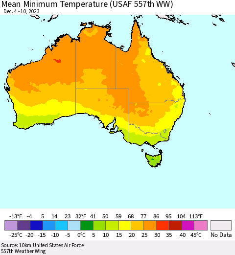 Australia Mean Minimum Temperature (USAF 557th WW) Thematic Map For 12/4/2023 - 12/10/2023
