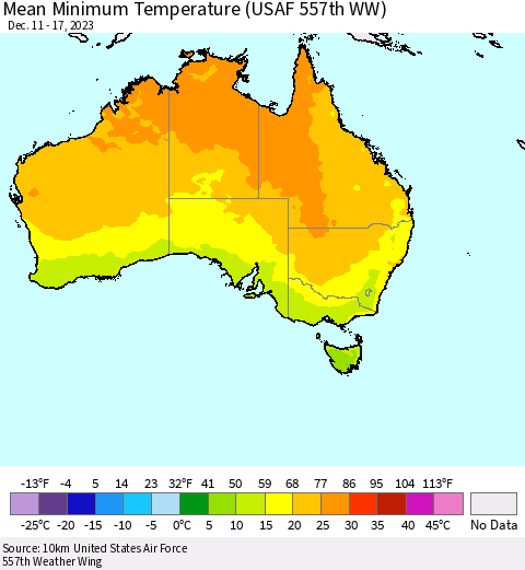 Australia Mean Minimum Temperature (USAF 557th WW) Thematic Map For 12/11/2023 - 12/17/2023
