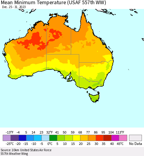 Australia Mean Minimum Temperature (USAF 557th WW) Thematic Map For 12/25/2023 - 12/31/2023