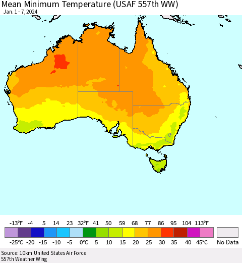 Australia Mean Minimum Temperature (USAF 557th WW) Thematic Map For 1/1/2024 - 1/7/2024