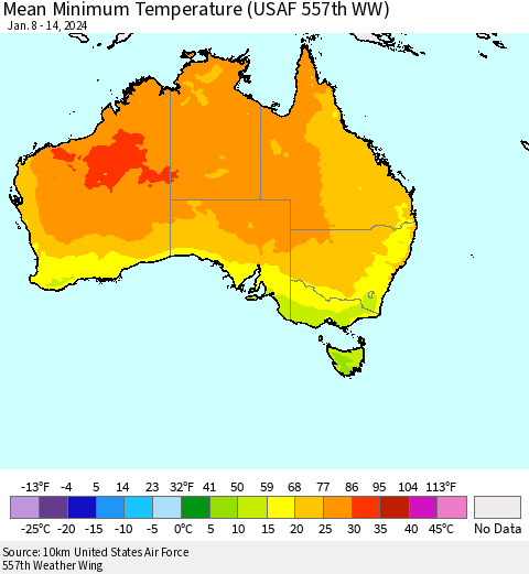 Australia Mean Minimum Temperature (USAF 557th WW) Thematic Map For 1/8/2024 - 1/14/2024