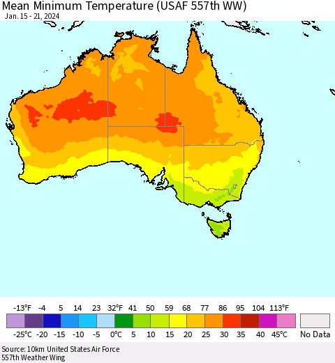 Australia Mean Minimum Temperature (USAF 557th WW) Thematic Map For 1/15/2024 - 1/21/2024
